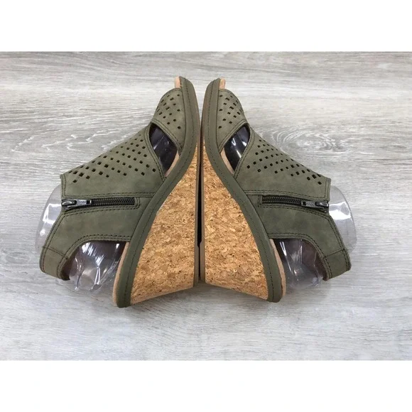 Cobb Hill Women's Green Leather Wedge Sandals 9 Cutout Zip Comfort Peep Toe Shoe - Picture 5 of 11
